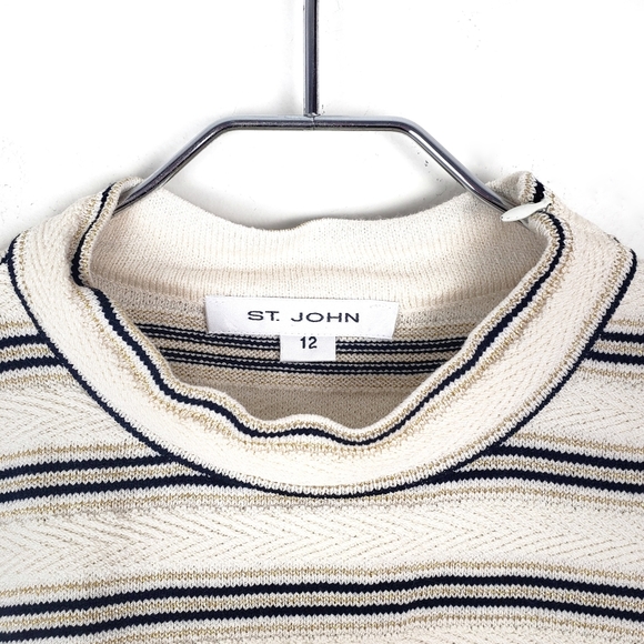 ST. JOHN Gold & Navy Striped Mock Turtleneck Short Sleeve Knit Top Size: 12 - Picture 4 of 5